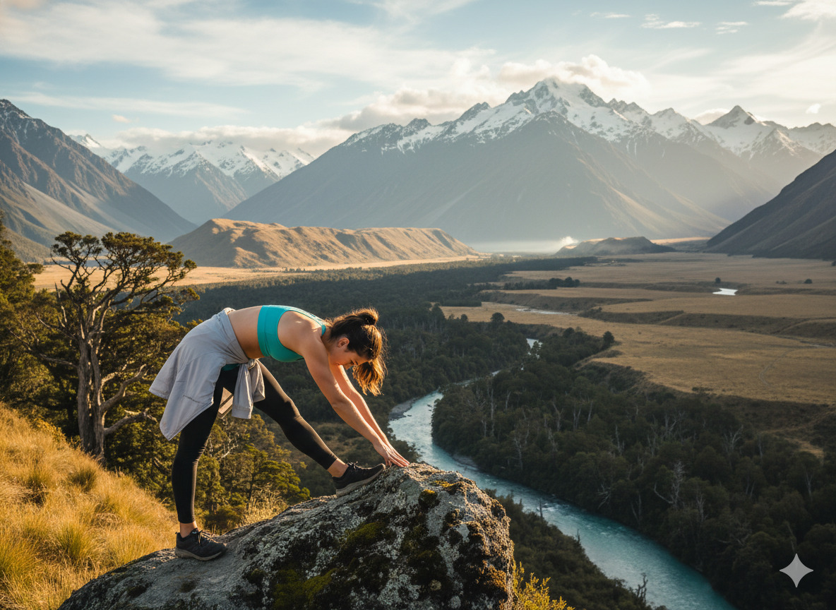Person stretching outdoors in a New Zealand landscape